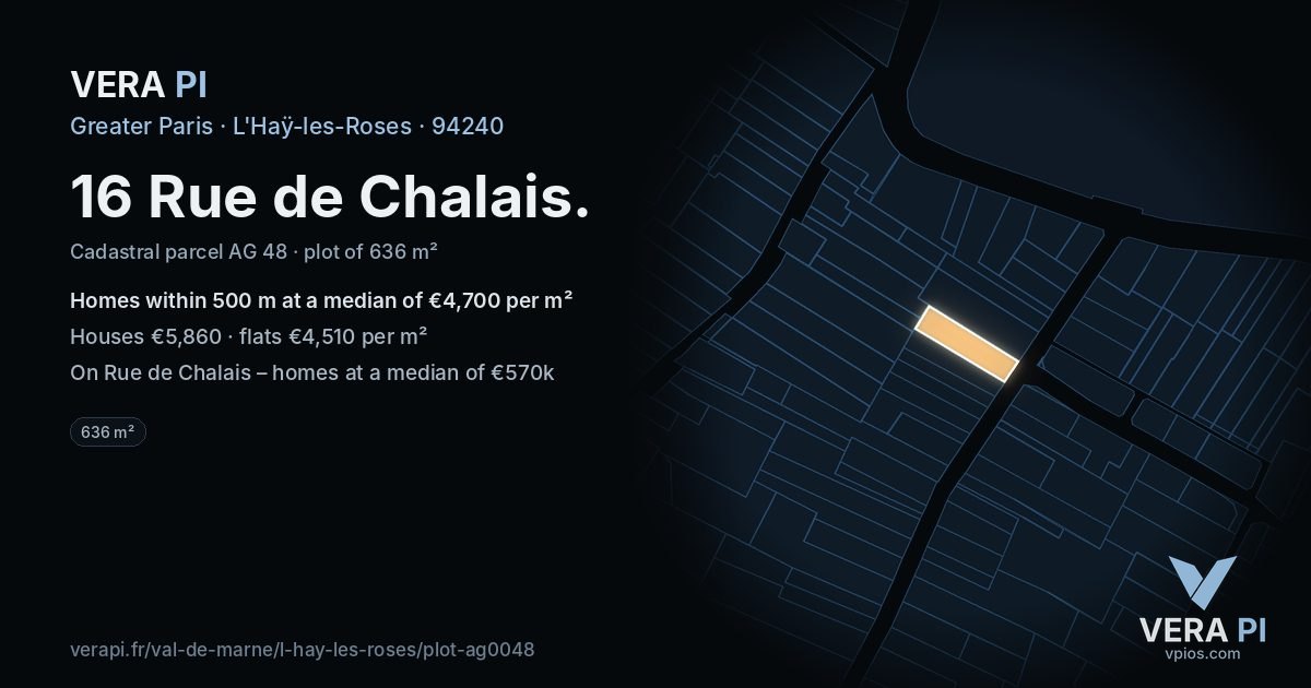 16 Rue de Chalais, L'Haÿ-les-Roses at night – the plot lit, the parcels around coloured by the prices near them