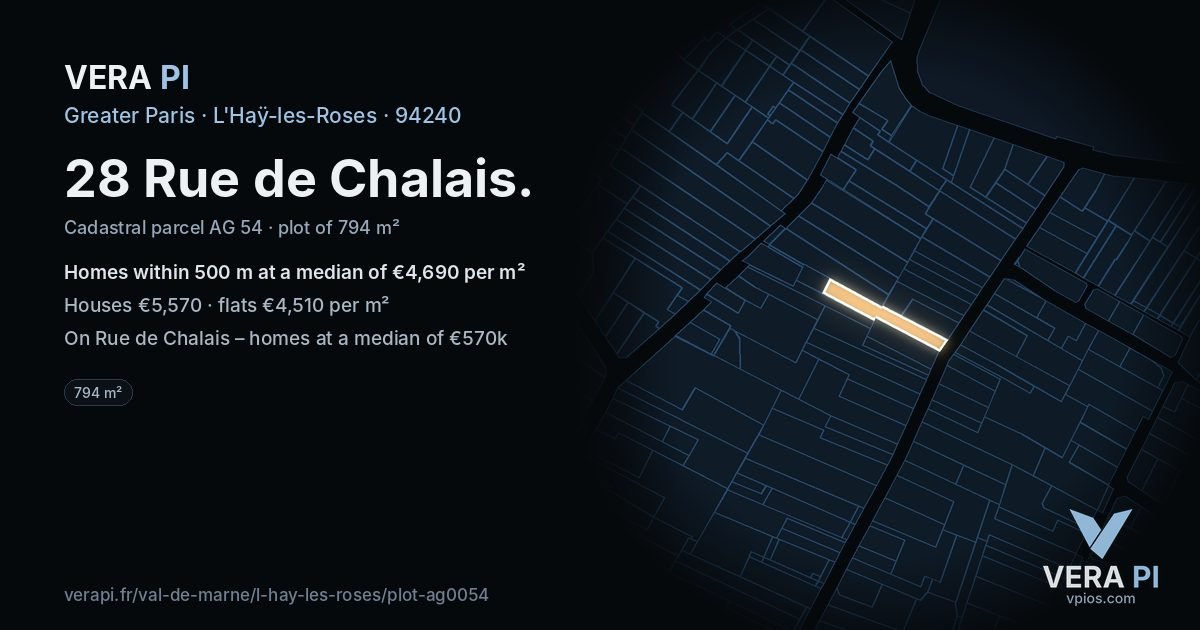 28 Rue de Chalais, L'Haÿ-les-Roses at night – the plot lit, the parcels around coloured by the prices near them
