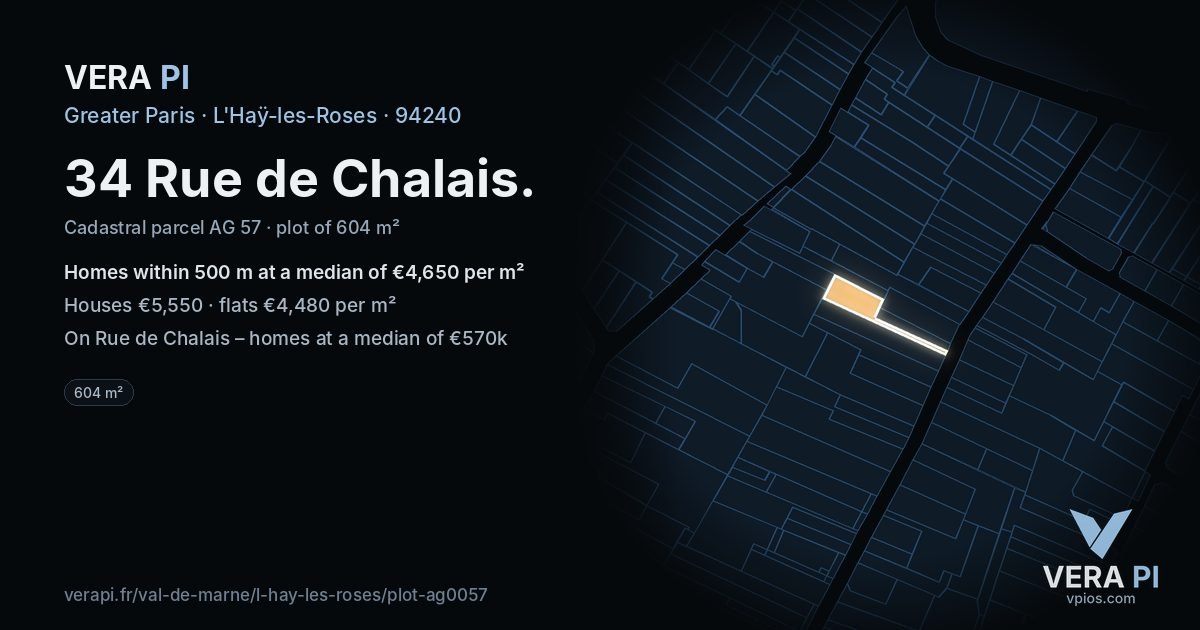 34 Rue de Chalais, L'Haÿ-les-Roses at night – the plot lit, the parcels around coloured by the prices near them