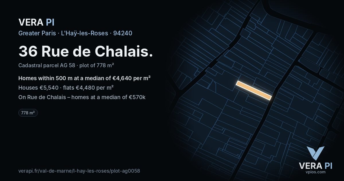 36 Rue de Chalais, L'Haÿ-les-Roses at night – the plot lit, the parcels around coloured by the prices near them