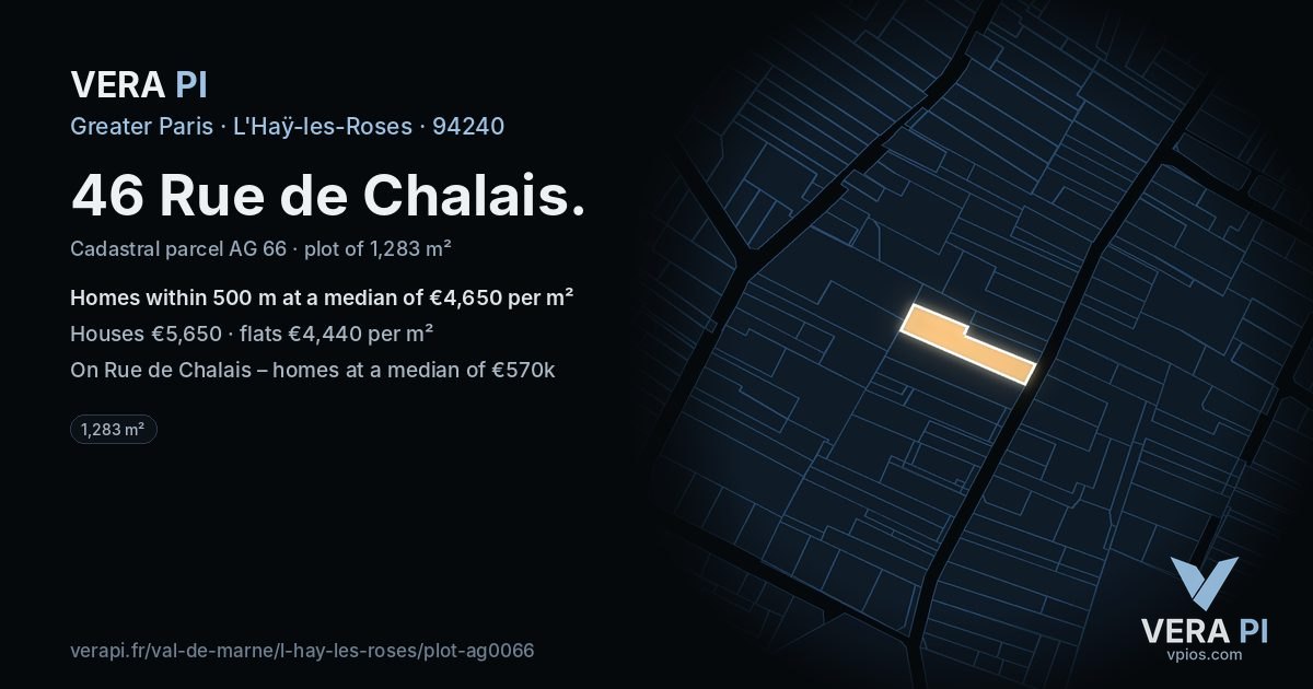 46 Rue de Chalais, L'Haÿ-les-Roses at night – the plot lit, the parcels around coloured by the prices near them