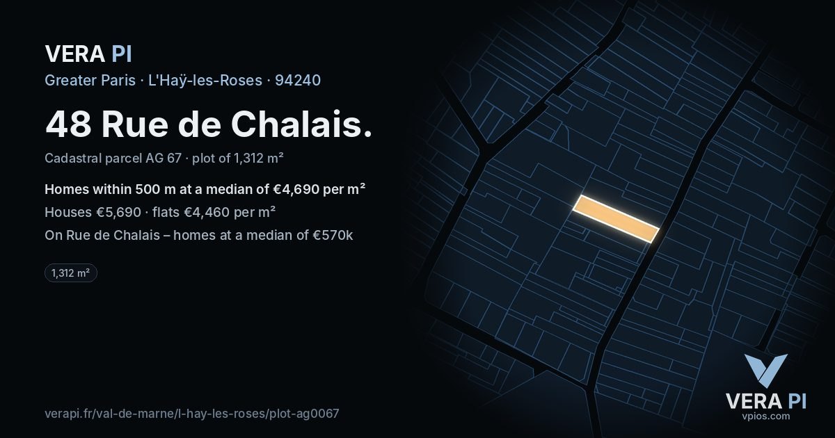 48 Rue de Chalais, L'Haÿ-les-Roses at night – the plot lit, the parcels around coloured by the prices near them