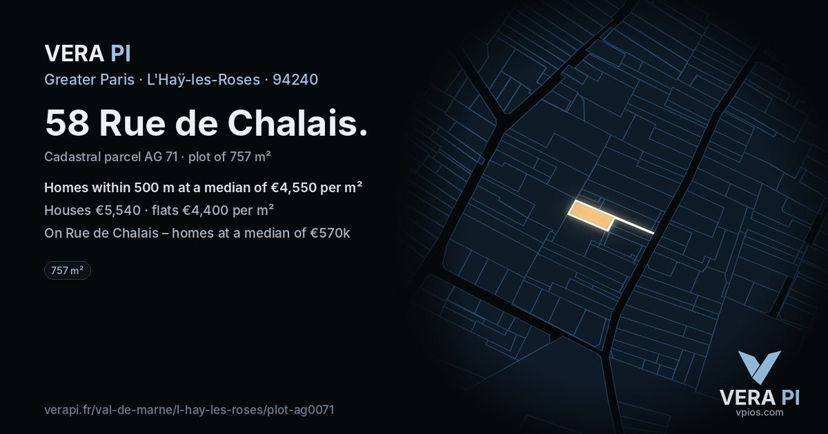 58 Rue de Chalais, L'Haÿ-les-Roses at night – the plot lit, the parcels around coloured by the prices near them