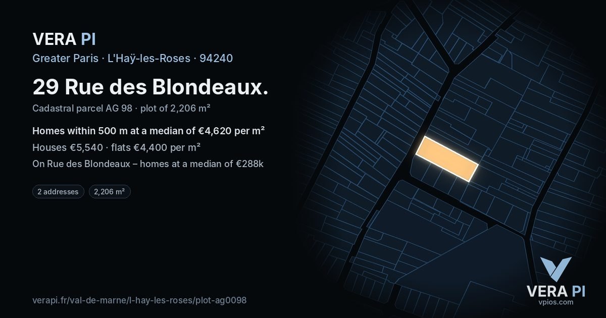 29 Rue des Blondeaux, L'Haÿ-les-Roses at night – the plot lit, the parcels around coloured by the prices near them
