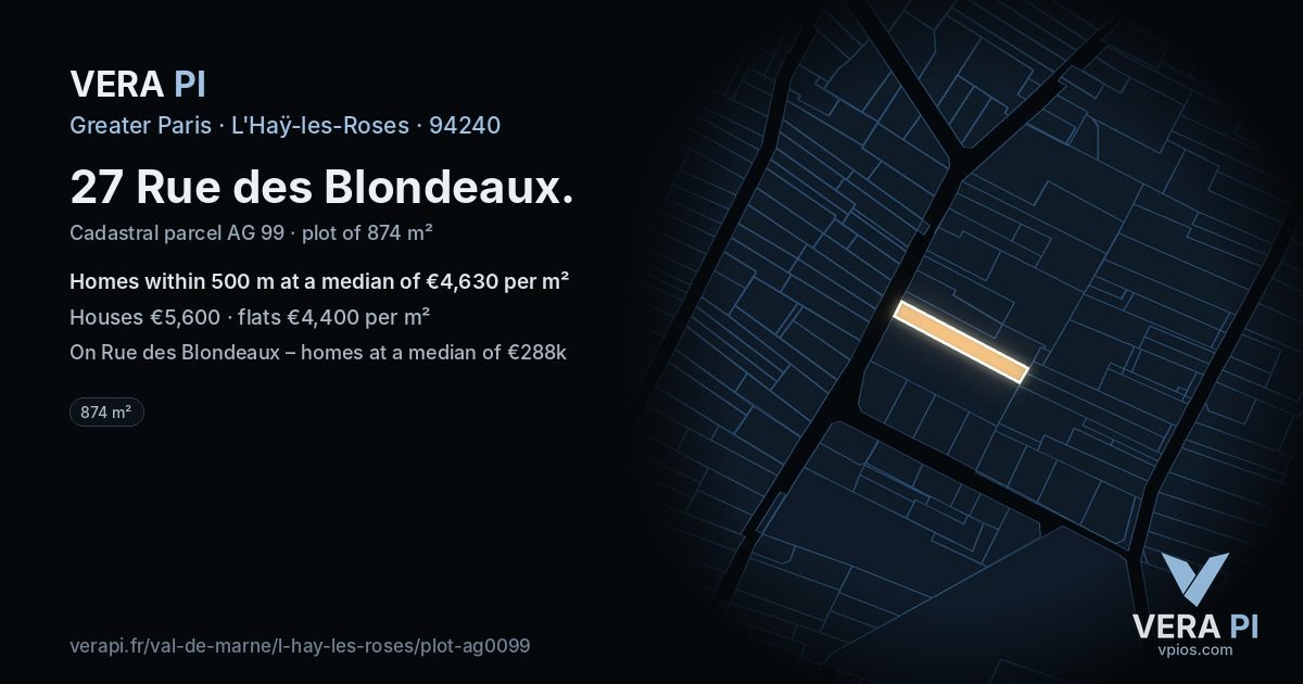 27 Rue des Blondeaux, L'Haÿ-les-Roses at night – the plot lit, the parcels around coloured by the prices near them