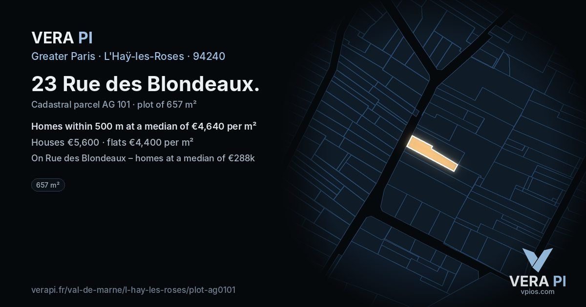 23 Rue des Blondeaux, L'Haÿ-les-Roses at night – the plot lit, the parcels around coloured by the prices near them