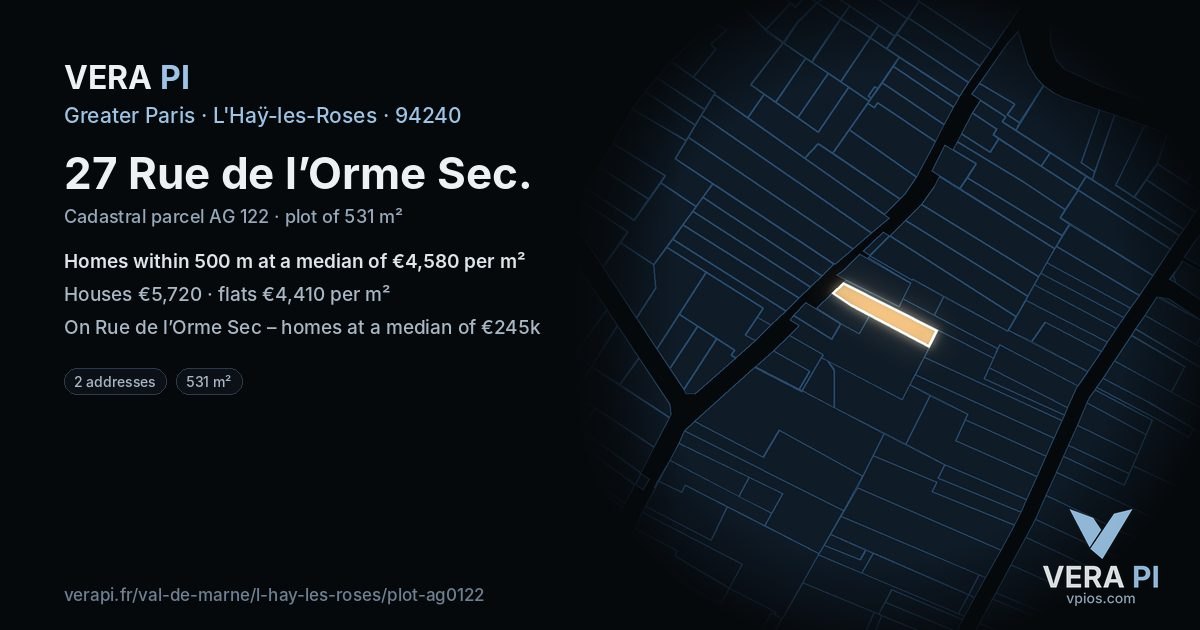 27 Rue de l’Orme Sec, L'Haÿ-les-Roses at night – the plot lit, the parcels around coloured by the prices near them