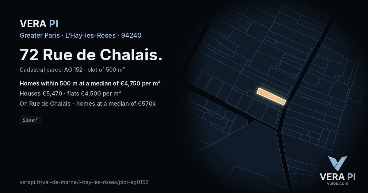 72 Rue de Chalais, L'Haÿ-les-Roses at night – the plot lit, the parcels around coloured by the prices near them