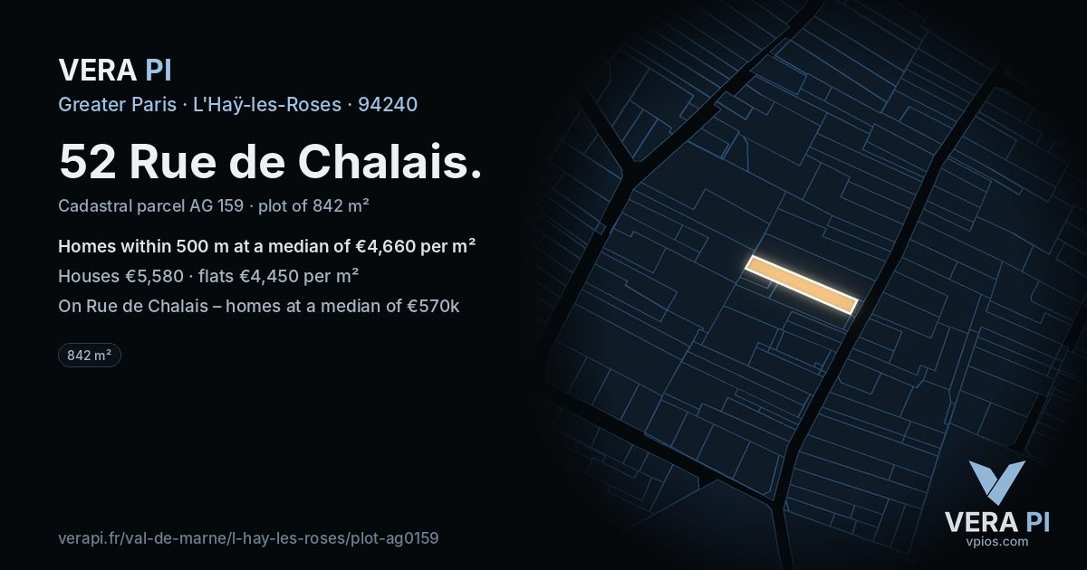 52 Rue de Chalais, L'Haÿ-les-Roses at night – the plot lit, the parcels around coloured by the prices near them