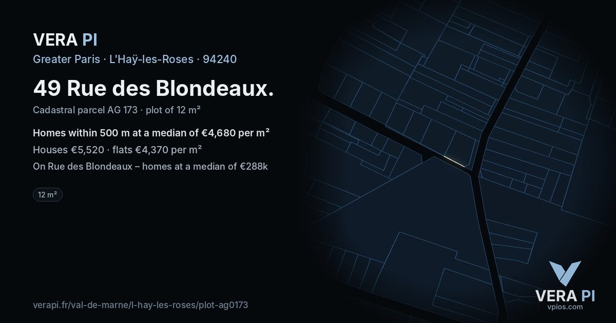 49 Rue des Blondeaux, L'Haÿ-les-Roses at night – the plot lit, the parcels around coloured by the prices near them
