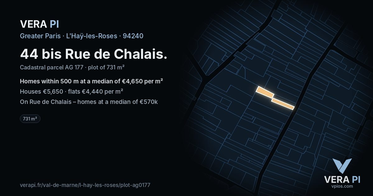 44 bis Rue de Chalais, L'Haÿ-les-Roses at night – the plot lit, the parcels around coloured by the prices near them