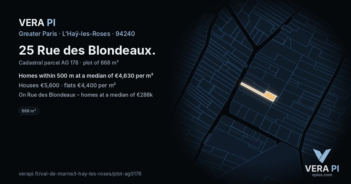 25 Rue des Blondeaux, L'Haÿ-les-Roses at night – the plot lit, the parcels around coloured by the prices near them