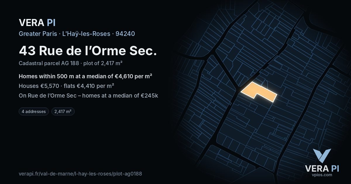 43 Rue de l’Orme Sec, L'Haÿ-les-Roses at night – the plot lit, the parcels around coloured by the prices near them