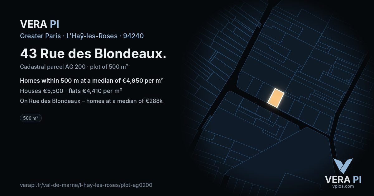 43 Rue des Blondeaux, L'Haÿ-les-Roses at night – the plot lit, the parcels around coloured by the prices near them