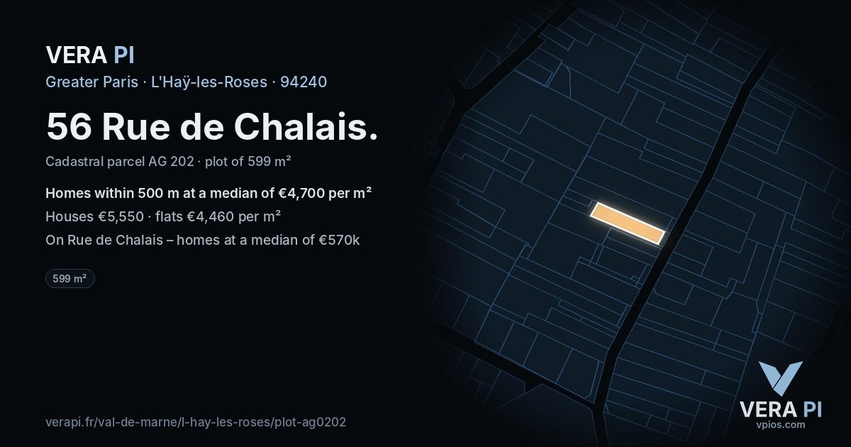 56 Rue de Chalais, L'Haÿ-les-Roses at night – the plot lit, the parcels around coloured by the prices near them