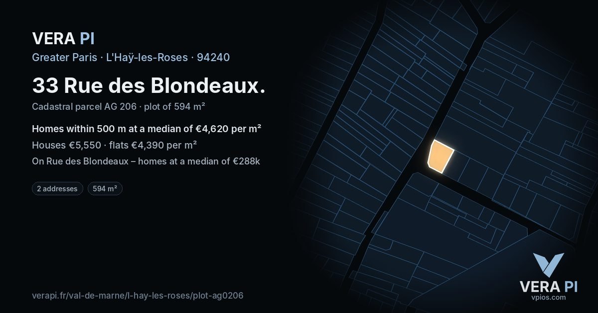 33 Rue des Blondeaux, L'Haÿ-les-Roses at night – the plot lit, the parcels around coloured by the prices near them