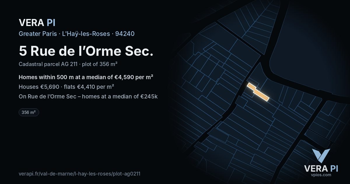5 Rue de l’Orme Sec, L'Haÿ-les-Roses at night – the plot lit, the parcels around coloured by the prices near them