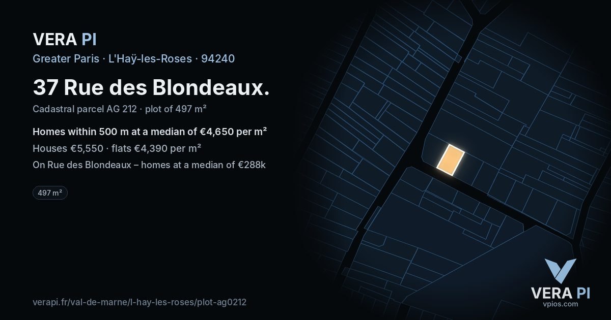 37 Rue des Blondeaux, L'Haÿ-les-Roses at night – the plot lit, the parcels around coloured by the prices near them