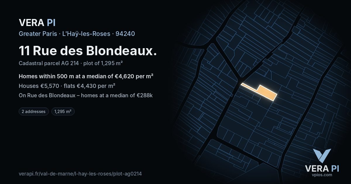 11 Rue des Blondeaux, L'Haÿ-les-Roses at night – the plot lit, the parcels around coloured by the prices near them