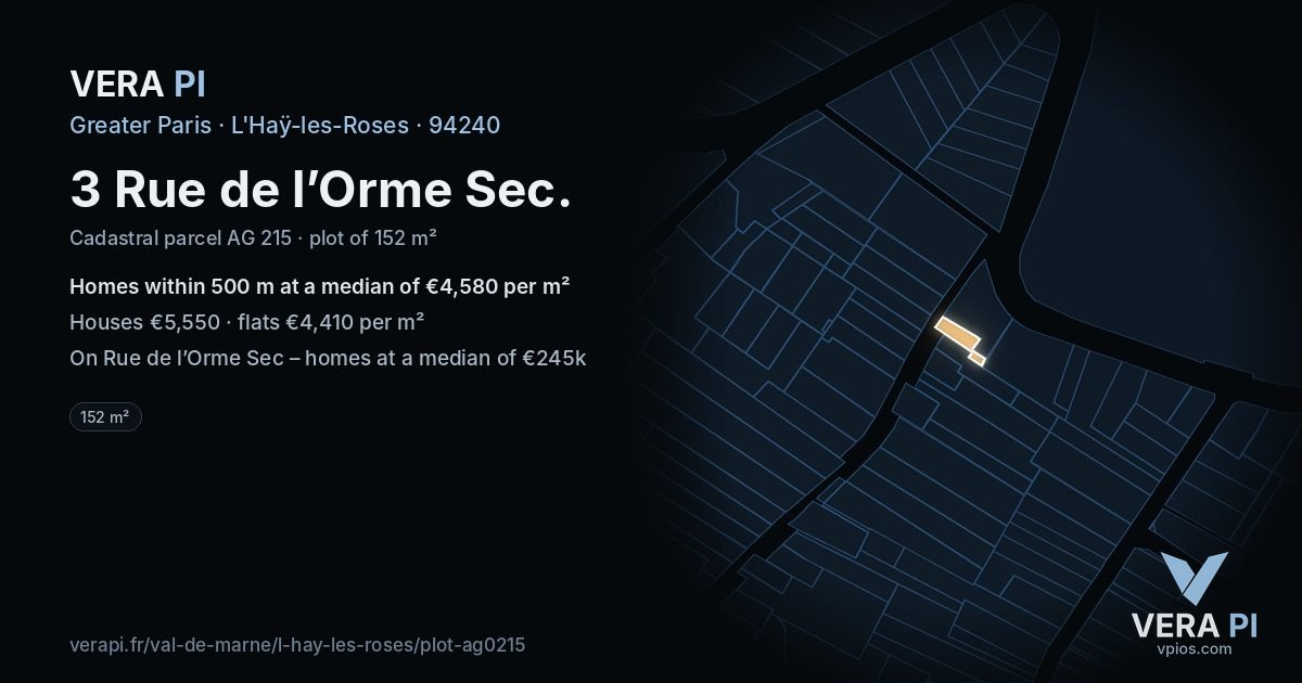 3 Rue de l’Orme Sec, L'Haÿ-les-Roses at night – the plot lit, the parcels around coloured by the prices near them