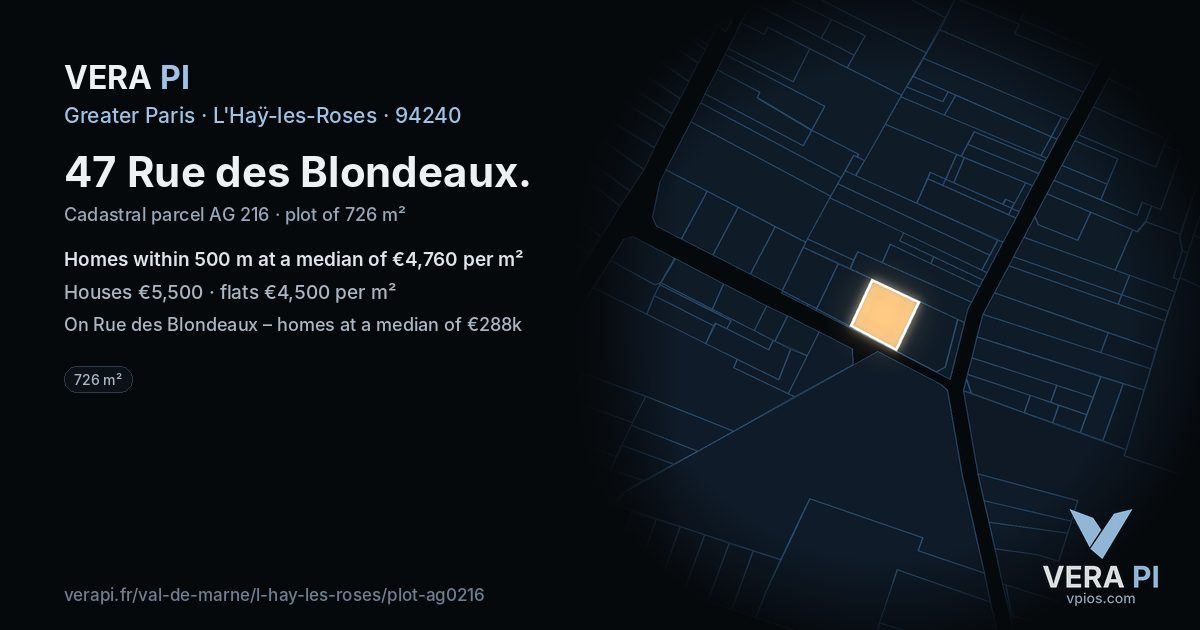 47 Rue des Blondeaux, L'Haÿ-les-Roses at night – the plot lit, the parcels around coloured by the prices near them