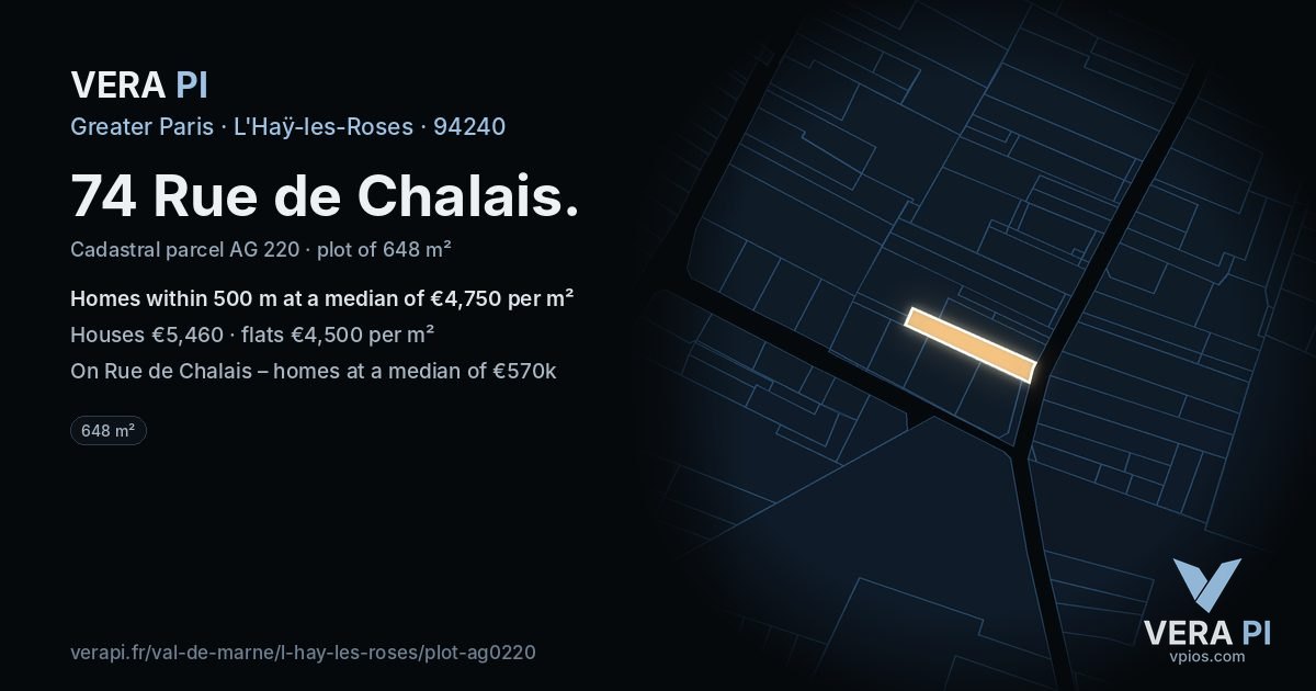74 Rue de Chalais, L'Haÿ-les-Roses at night – the plot lit, the parcels around coloured by the prices near them