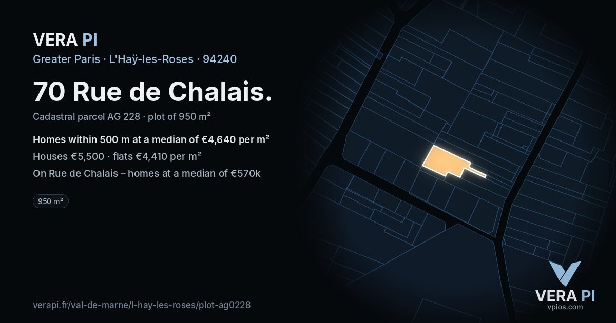 70 Rue de Chalais, L'Haÿ-les-Roses at night – the plot lit, the parcels around coloured by the prices near them