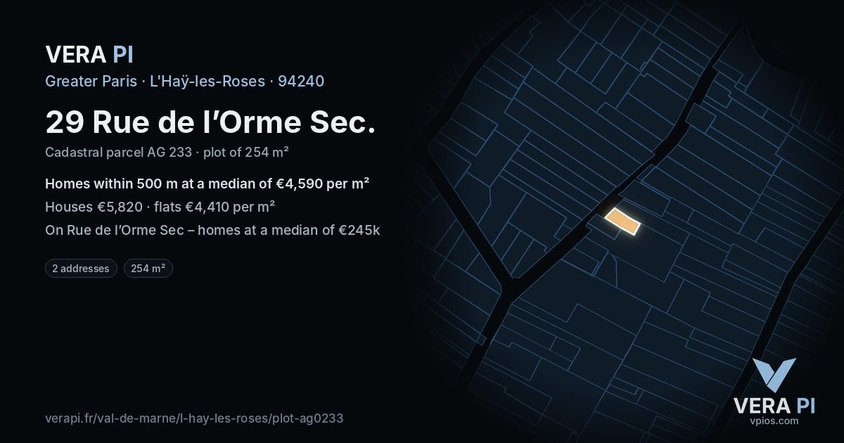 29 Rue de l’Orme Sec, L'Haÿ-les-Roses at night – the plot lit, the parcels around coloured by the prices near them