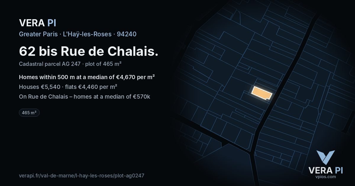 62 bis Rue de Chalais, L'Haÿ-les-Roses at night – the plot lit, the parcels around coloured by the prices near them