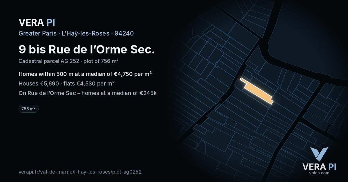 9 bis Rue de l’Orme Sec, L'Haÿ-les-Roses at night – the plot lit, the parcels around coloured by the prices near them