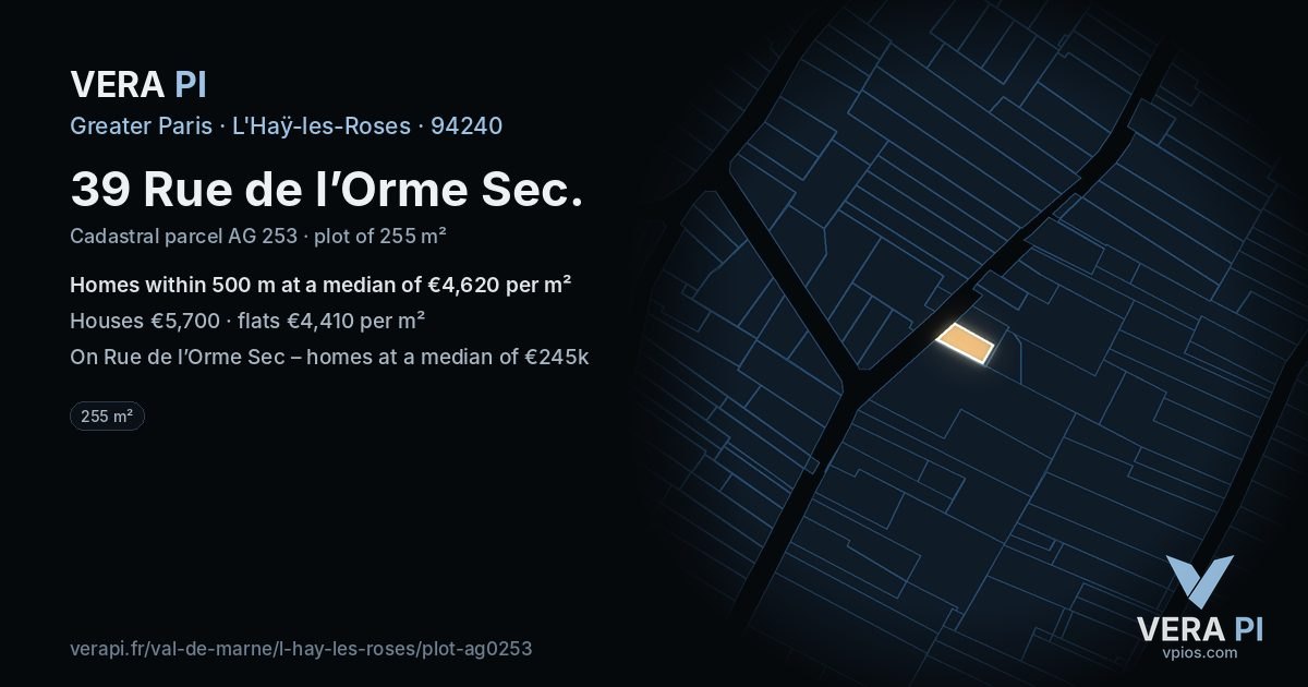 39 Rue de l’Orme Sec, L'Haÿ-les-Roses at night – the plot lit, the parcels around coloured by the prices near them