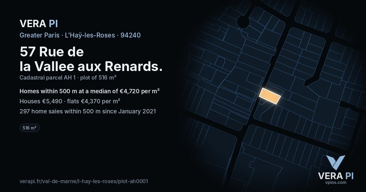 57 Rue de la Vallee aux Renards, L'Haÿ-les-Roses at night – the plot lit, the parcels around coloured by the prices near them