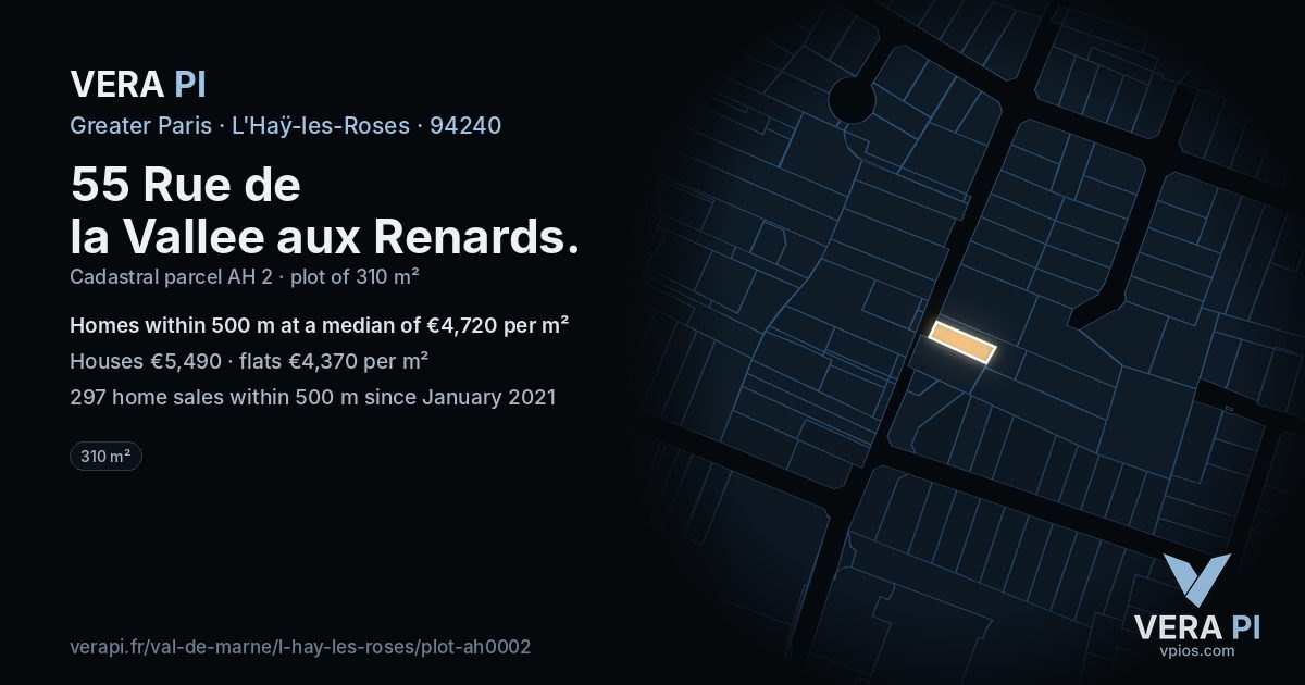 55 Rue de la Vallee aux Renards, L'Haÿ-les-Roses at night – the plot lit, the parcels around coloured by the prices near them