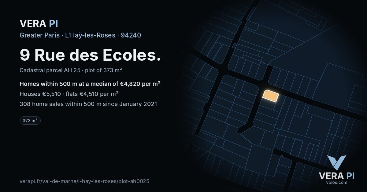 9 Rue des Ecoles, L'Haÿ-les-Roses at night – the plot lit, the parcels around coloured by the prices near them