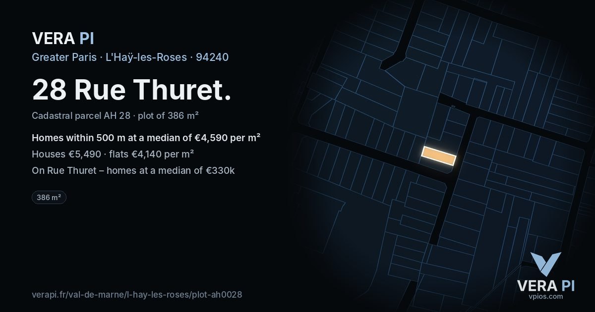 28 Rue Thuret, L'Haÿ-les-Roses at night – the plot lit, the parcels around coloured by the prices near them