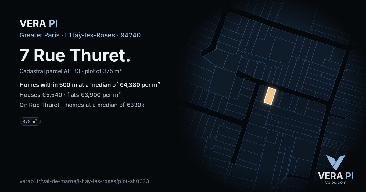 7 Rue Thuret, L'Haÿ-les-Roses at night – the plot lit, the parcels around coloured by the prices near them