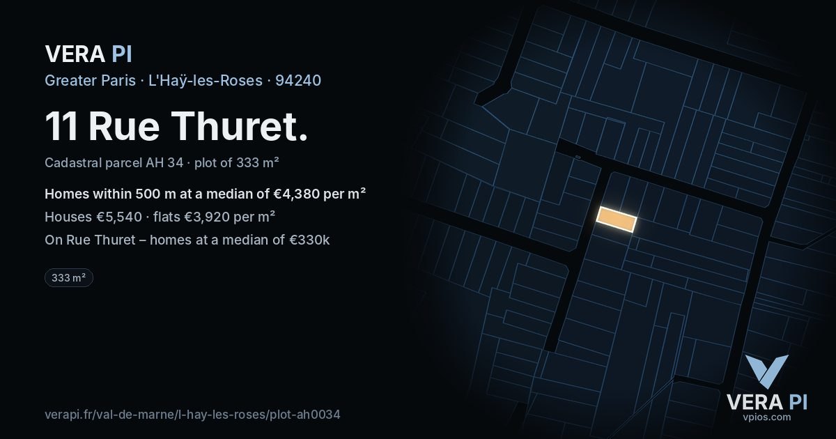 11 Rue Thuret, L'Haÿ-les-Roses at night – the plot lit, the parcels around coloured by the prices near them