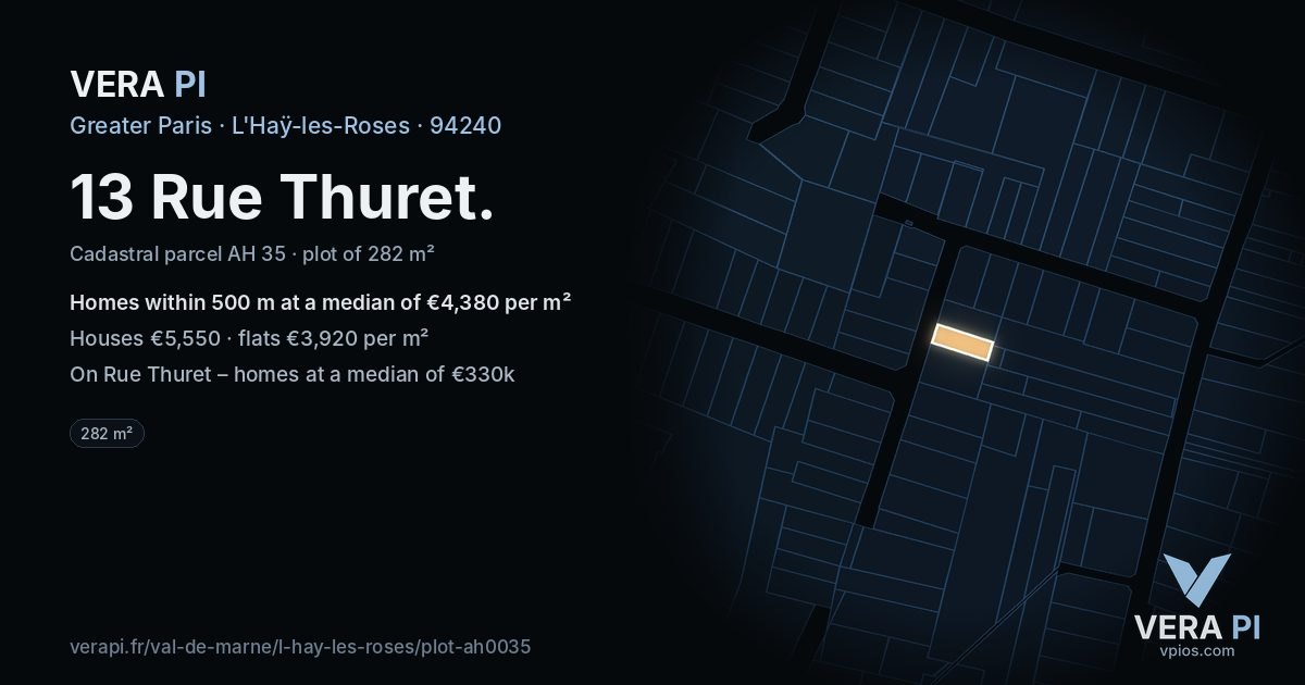 13 Rue Thuret, L'Haÿ-les-Roses at night – the plot lit, the parcels around coloured by the prices near them