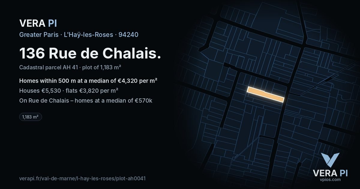 136 Rue de Chalais, L'Haÿ-les-Roses at night – the plot lit, the parcels around coloured by the prices near them