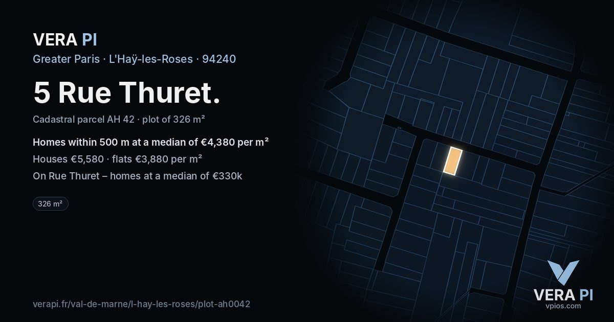 5 Rue Thuret, L'Haÿ-les-Roses at night – the plot lit, the parcels around coloured by the prices near them