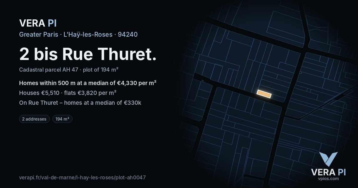 2 bis Rue Thuret, L'Haÿ-les-Roses at night – the plot lit, the parcels around coloured by the prices near them