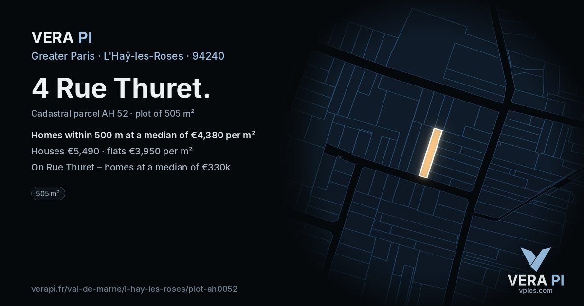 4 Rue Thuret, L'Haÿ-les-Roses at night – the plot lit, the parcels around coloured by the prices near them