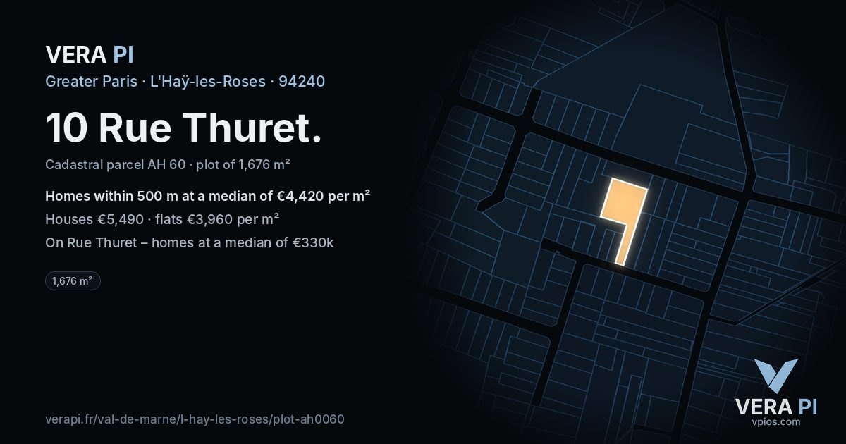 10 Rue Thuret, L'Haÿ-les-Roses at night – the plot lit, the parcels around coloured by the prices near them