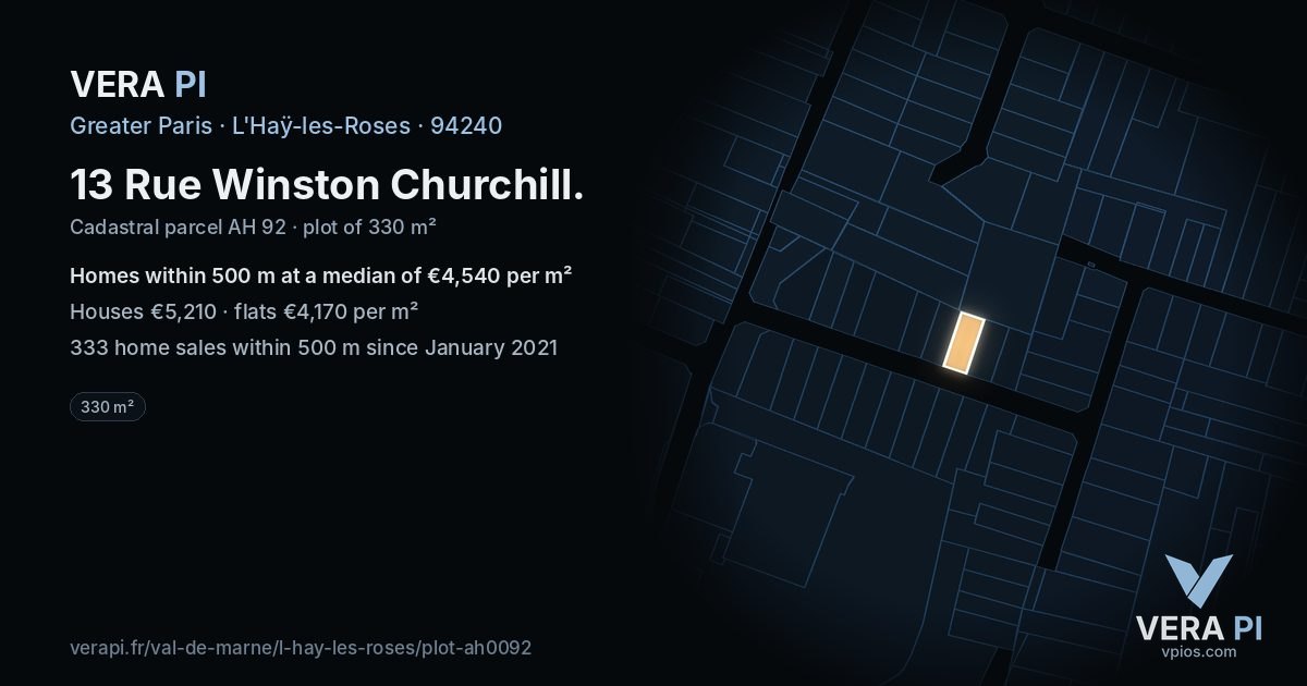 13 Rue Winston Churchill, L'Haÿ-les-Roses at night – the plot lit, the parcels around coloured by the prices near them