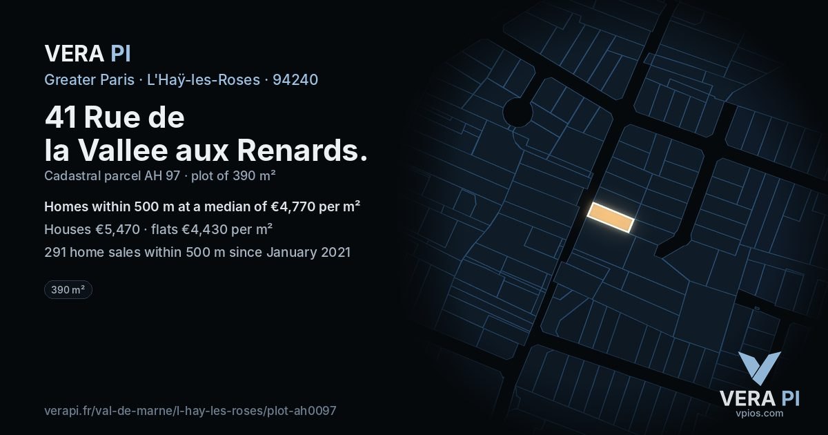 41 Rue de la Vallee aux Renards, L'Haÿ-les-Roses at night – the plot lit, the parcels around coloured by the prices near them