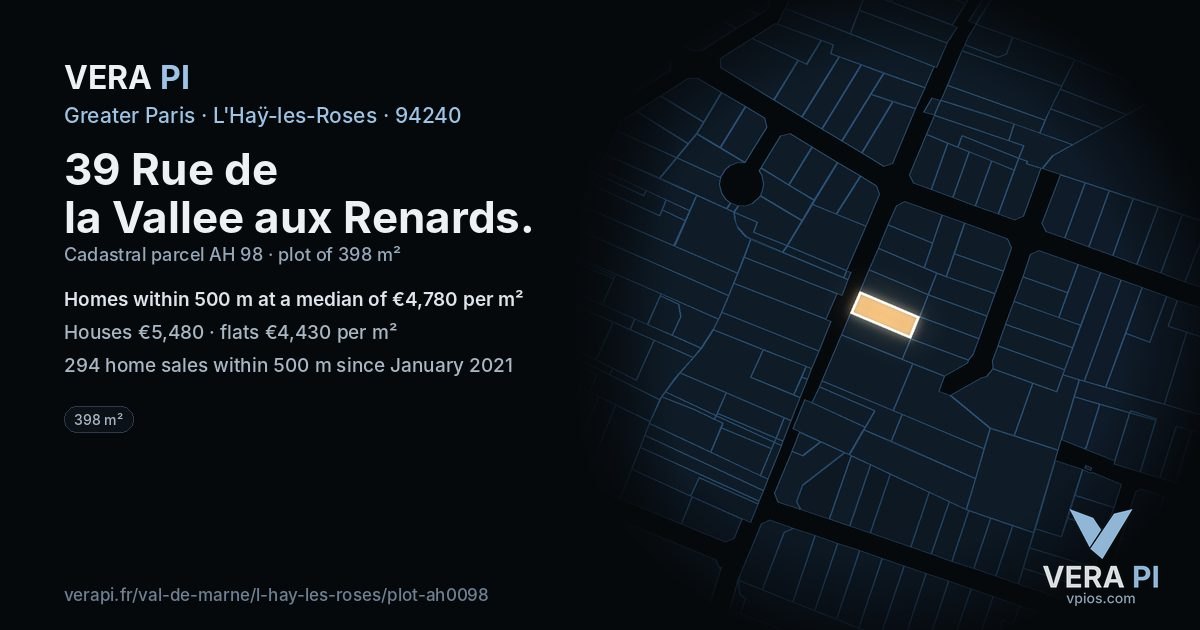 39 Rue de la Vallee aux Renards, L'Haÿ-les-Roses at night – the plot lit, the parcels around coloured by the prices near them
