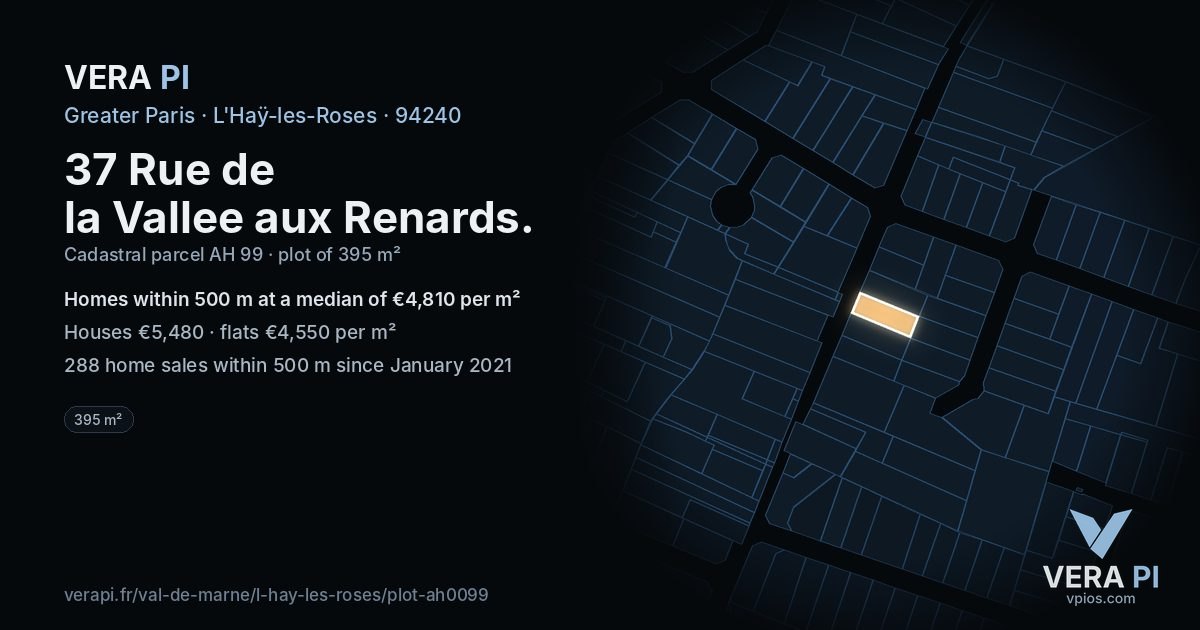37 Rue de la Vallee aux Renards, L'Haÿ-les-Roses at night – the plot lit, the parcels around coloured by the prices near them
