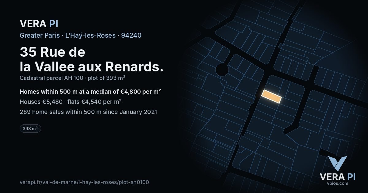 35 Rue de la Vallee aux Renards, L'Haÿ-les-Roses at night – the plot lit, the parcels around coloured by the prices near them