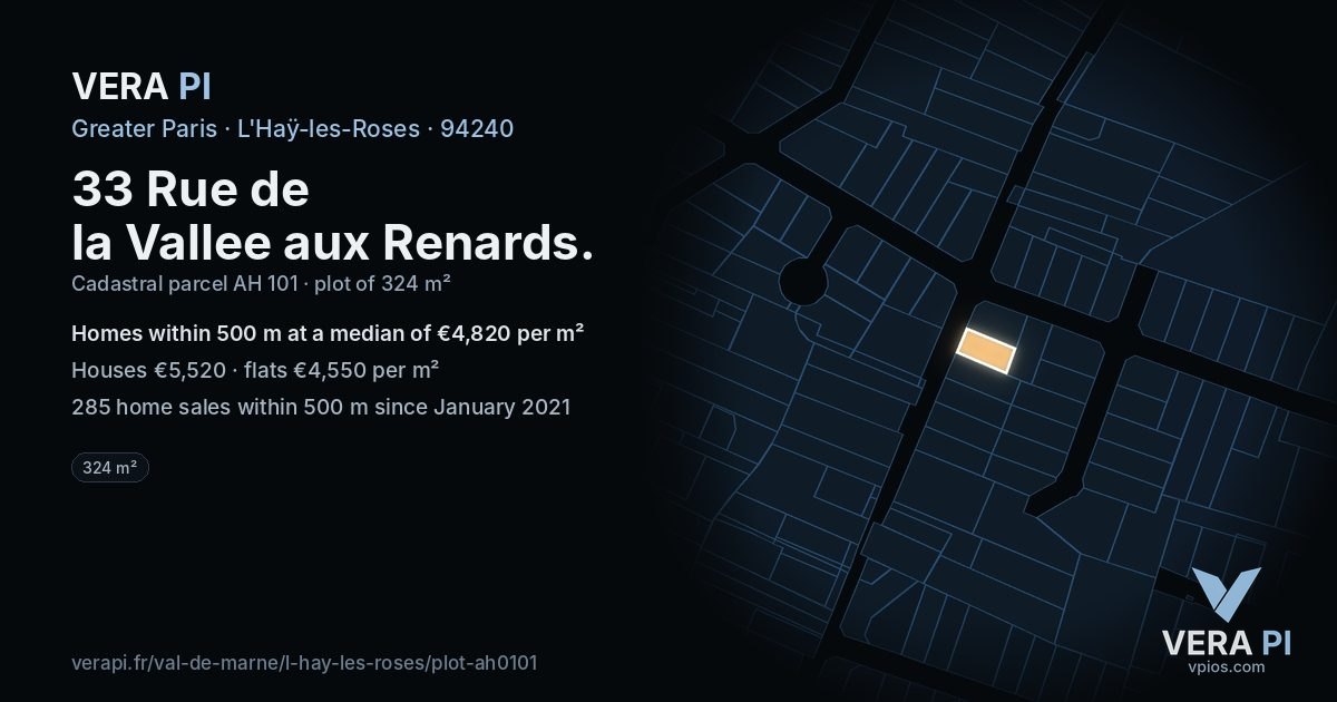33 Rue de la Vallee aux Renards, L'Haÿ-les-Roses at night – the plot lit, the parcels around coloured by the prices near them