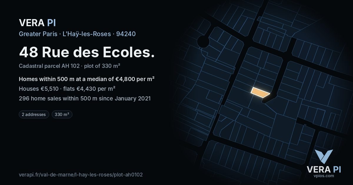 48 Rue des Ecoles, L'Haÿ-les-Roses at night – the plot lit, the parcels around coloured by the prices near them